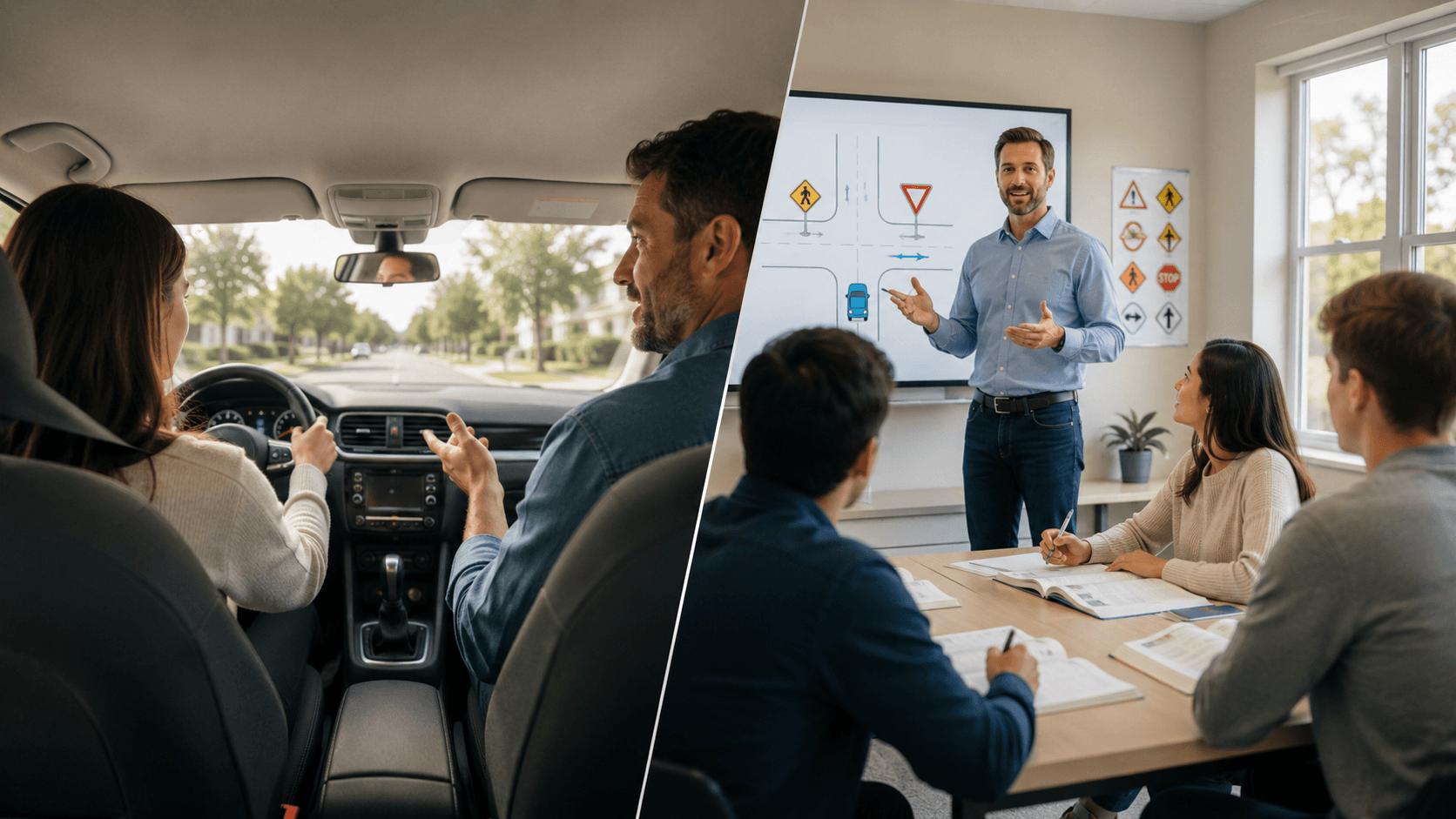 Instructor coaching a student driver, beside a classroom lesson on road signs at JMC Driving School in Waltham, Massachusetts